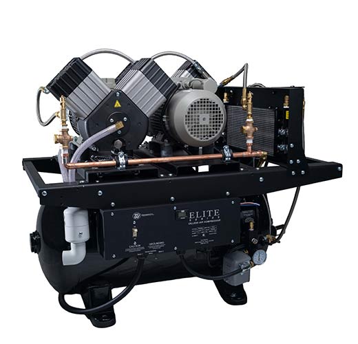 Elite Series oil-free dental air compressor with dual heads and tank front view in the USA and Canada