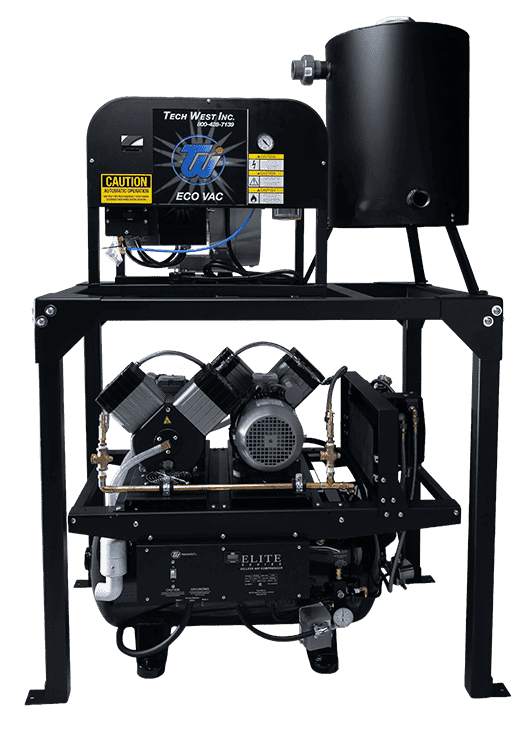 EcoVac dry vacuum system stacked on Elite dental air compressor on stacking rack for dental mechanical room equipment in the USA and Canada